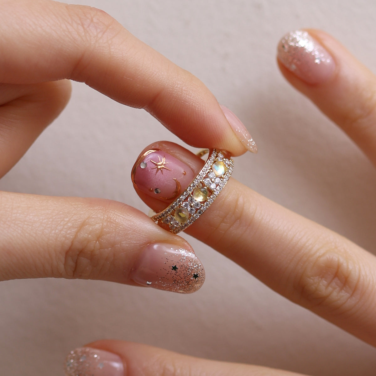 Moonstone flower layered ring