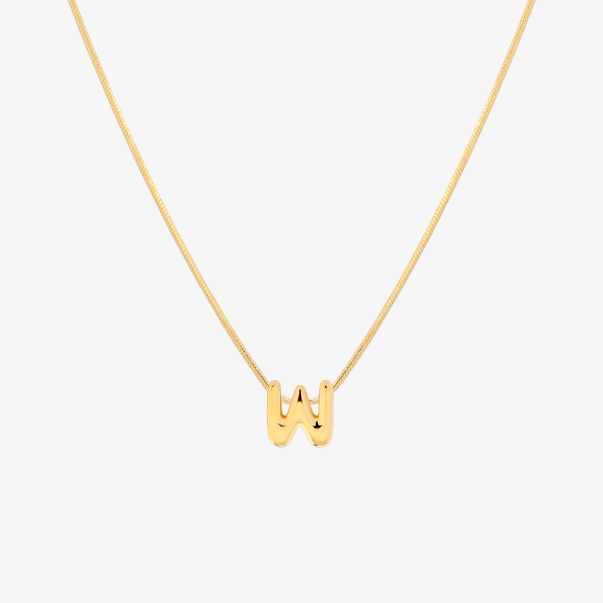 Bubble initial pendant necklace featuring a rounded, playful letter charm on a sleek snake chain, with a smooth and glossy finish.