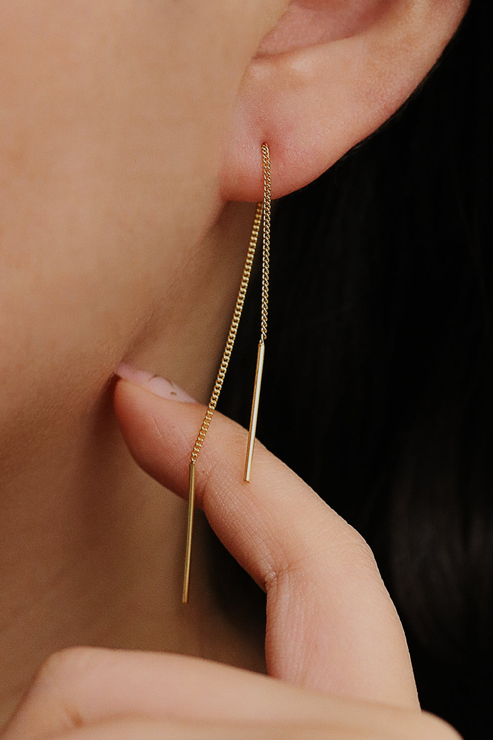 Drop stick short threader earrings