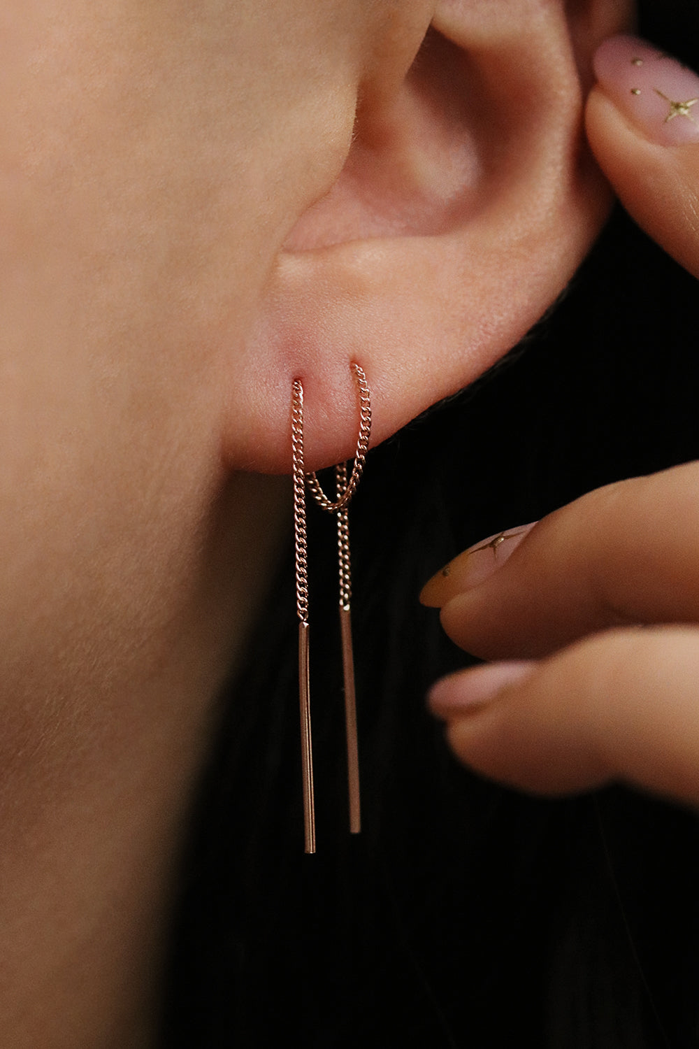 Drop stick short threader earrings