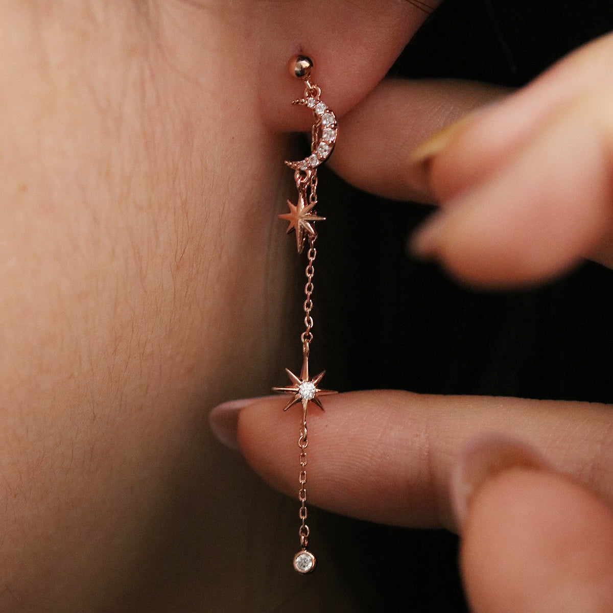 Cubic Moon Drop Chain Earrings