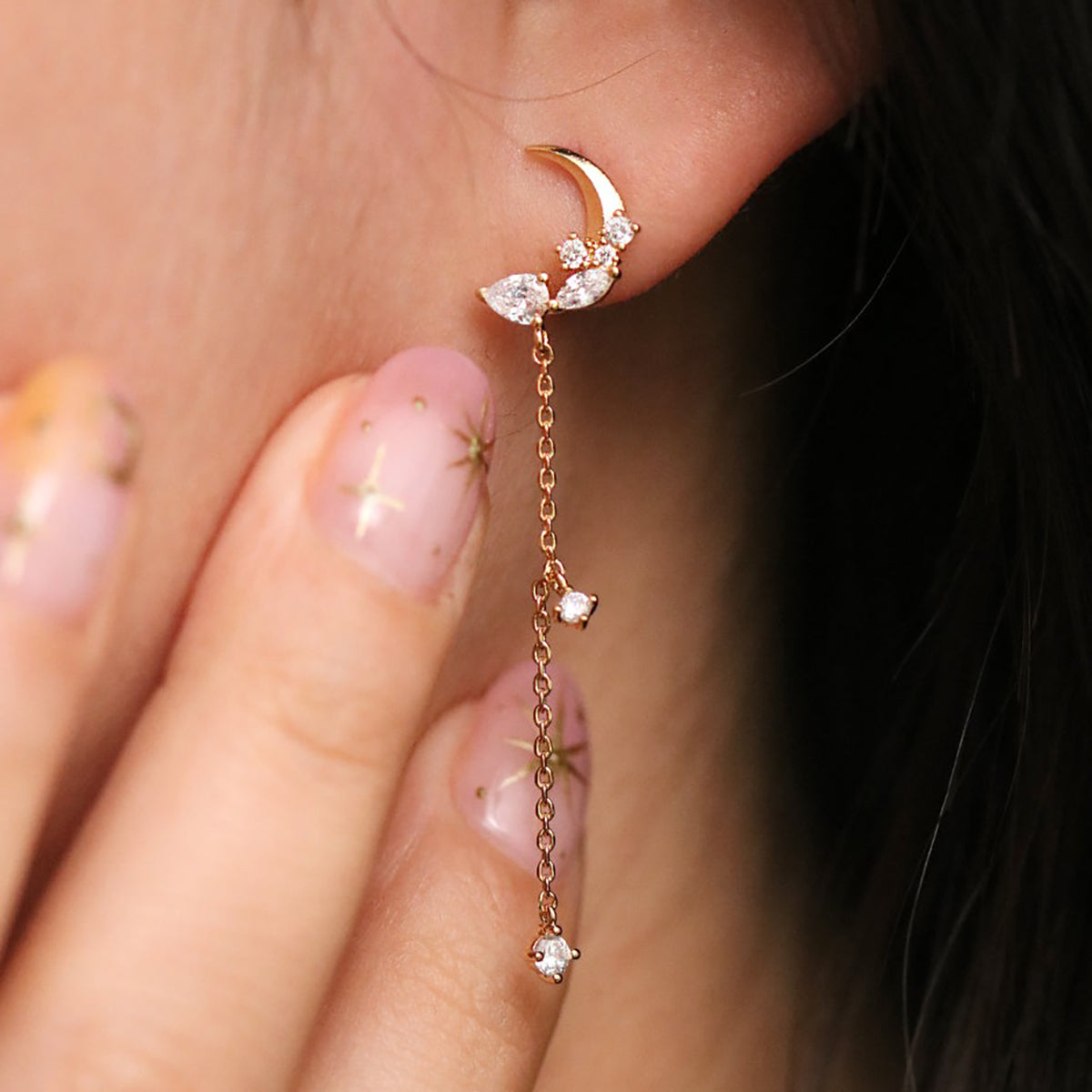 Sparkle Moon Drop Chain Earrings