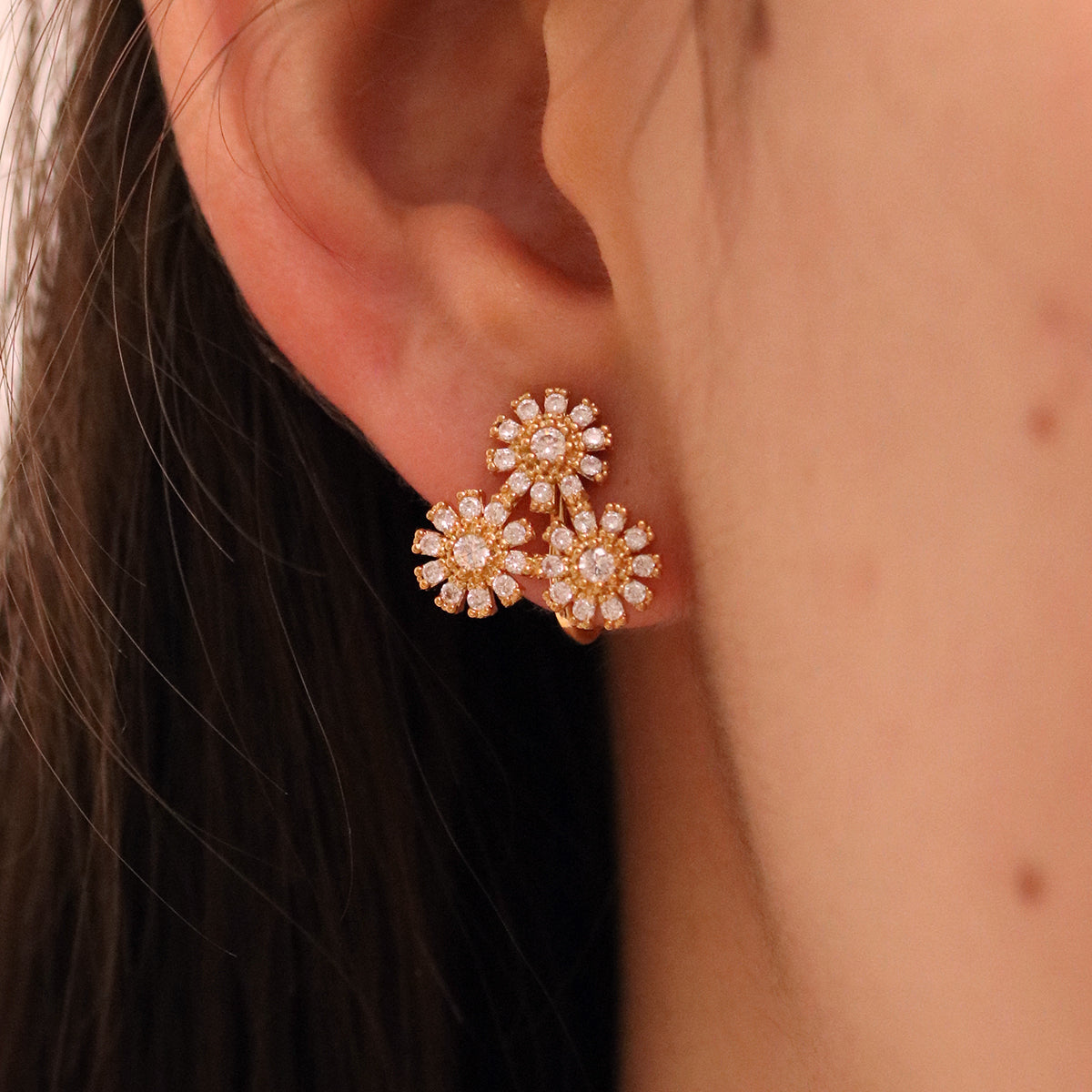 Triple Daisy Cubic Clip On Earrings