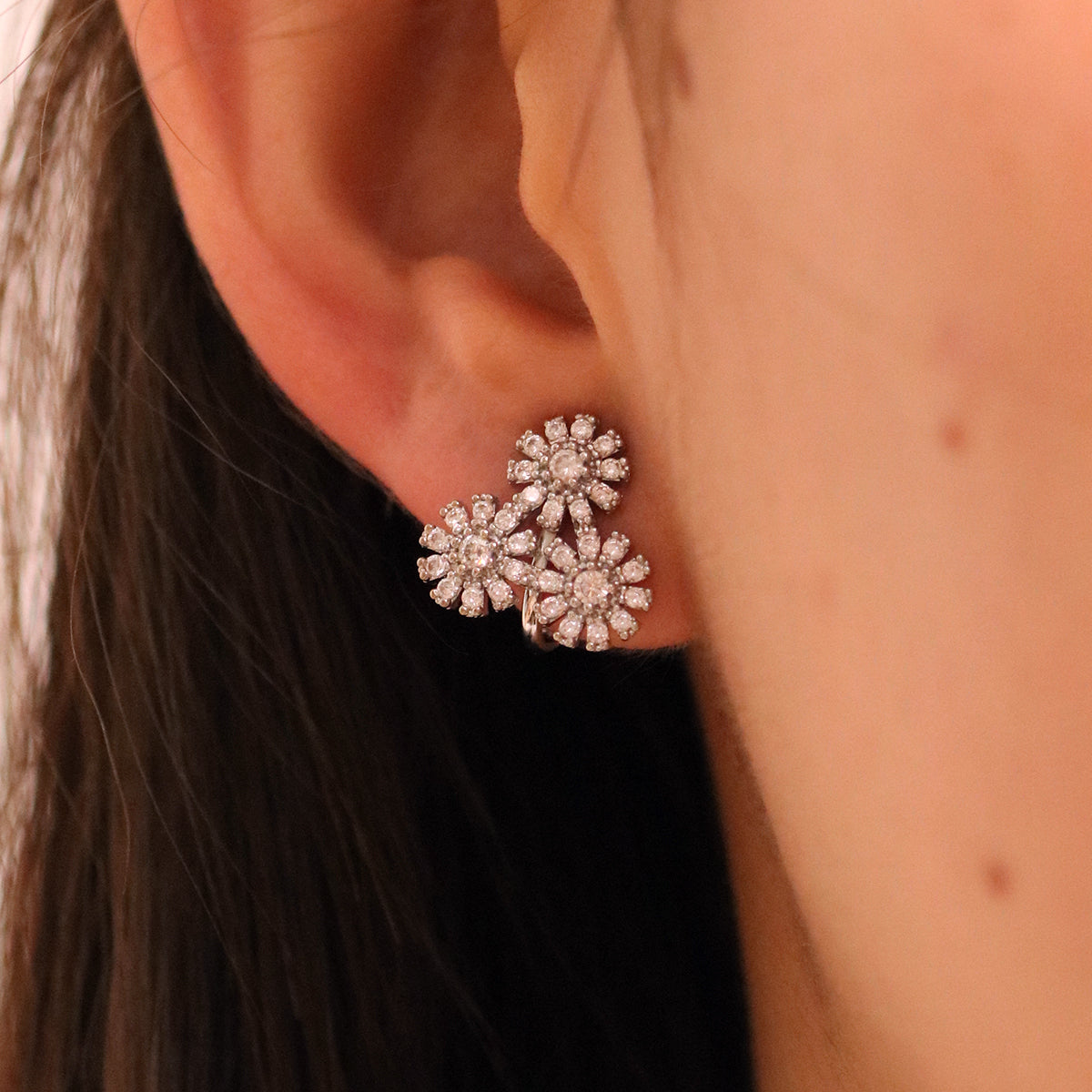 Triple Daisy Cubic Clip On Earrings