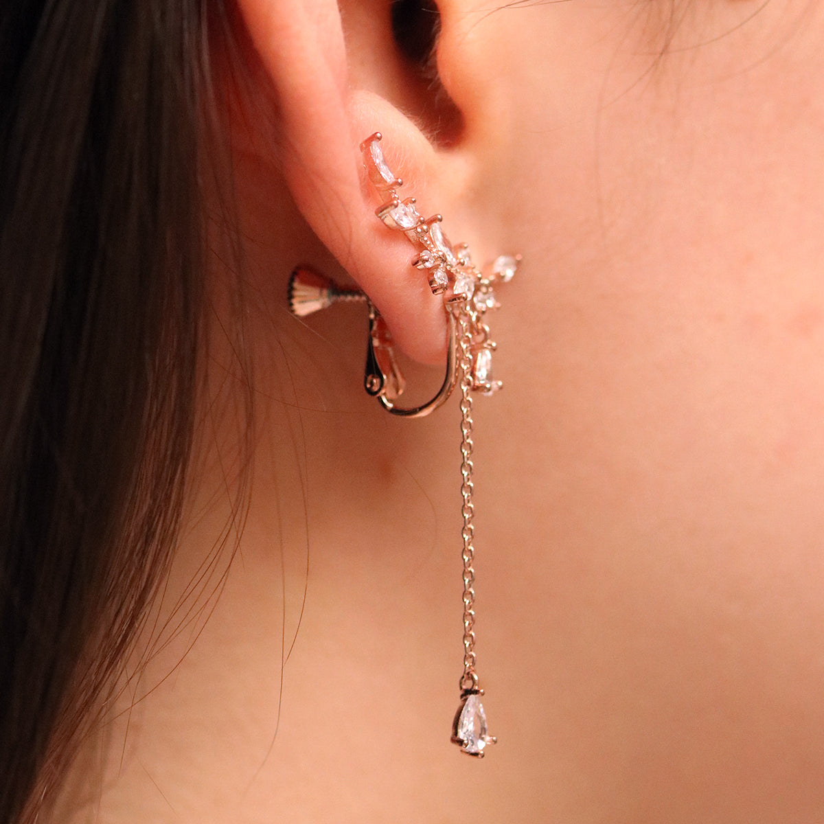 Cubic Leaf Drop Clip On Earrings