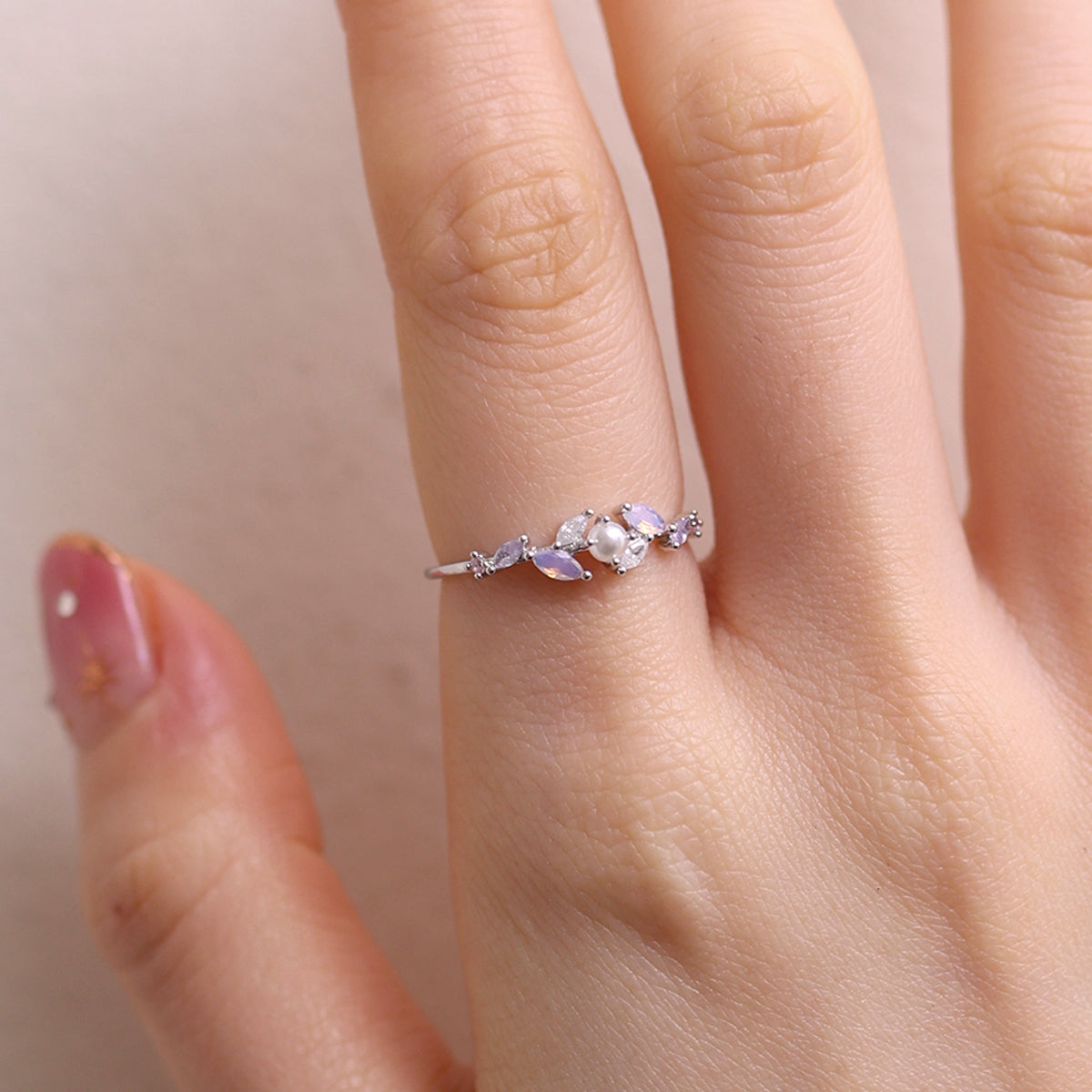 moonstone cubic pearl vine ring