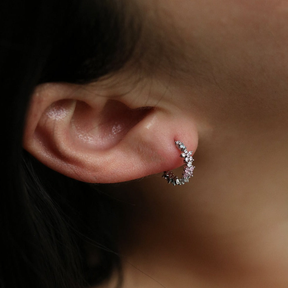 Rose quartz flower semi-hoop earrings